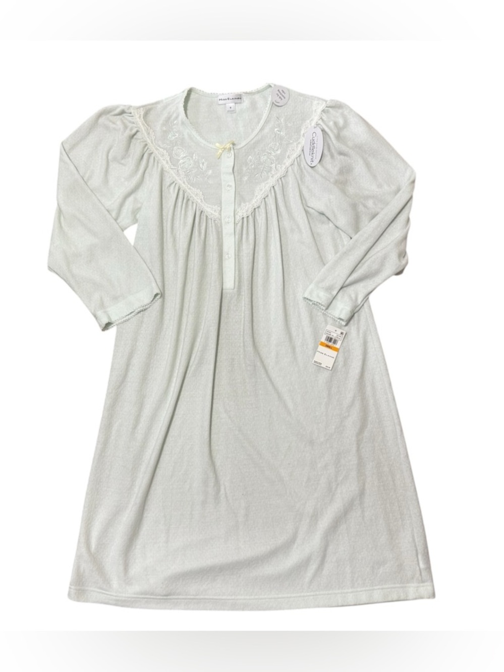 Miss Elaine Cuddleknit Nightgown Pale Seafoam Green Lace Trim Soft Sleepwear S